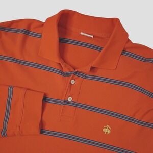 Brooks Brothers Performance Polo Shirt Medium LS Orange Blue Stripes Rugby Logo